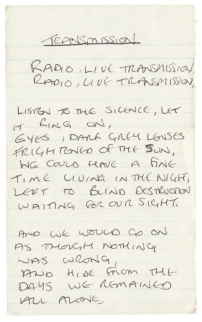 The lyrics for Joy Division’s 1979 single Transmission, in Curtis’s distinctive handwriting.